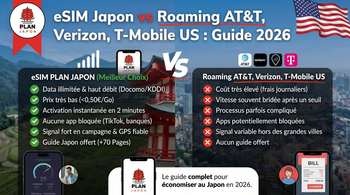 eSIM Japón vs roaming AT&T, Verizon, T-Mobile US 2026