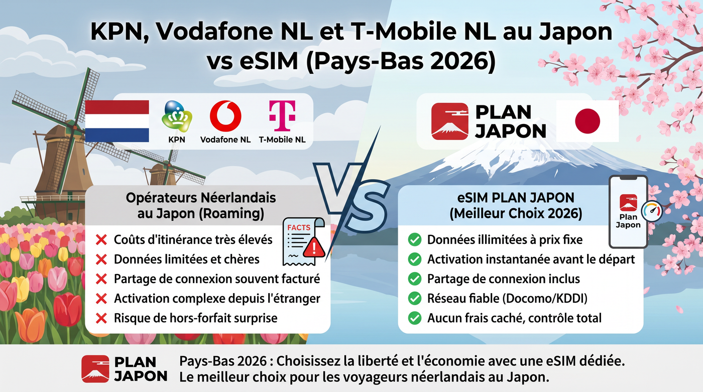 KPN y Vodafone NL en Japón: roaming vs eSIM 2026
