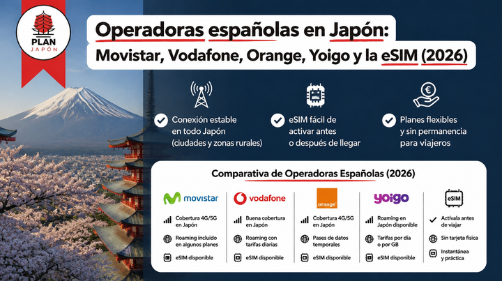 Operadoras españolas en Japón: Movistar, Vodafone, Orange, Yoigo y la eSIM (2026)