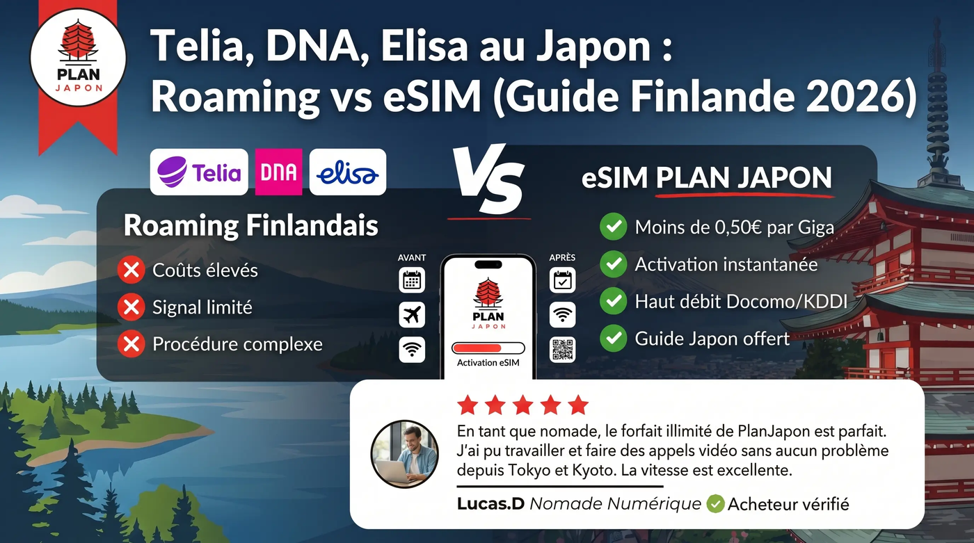Telia, DNA y Elisa en Japón: roaming vs eSIM (2026)