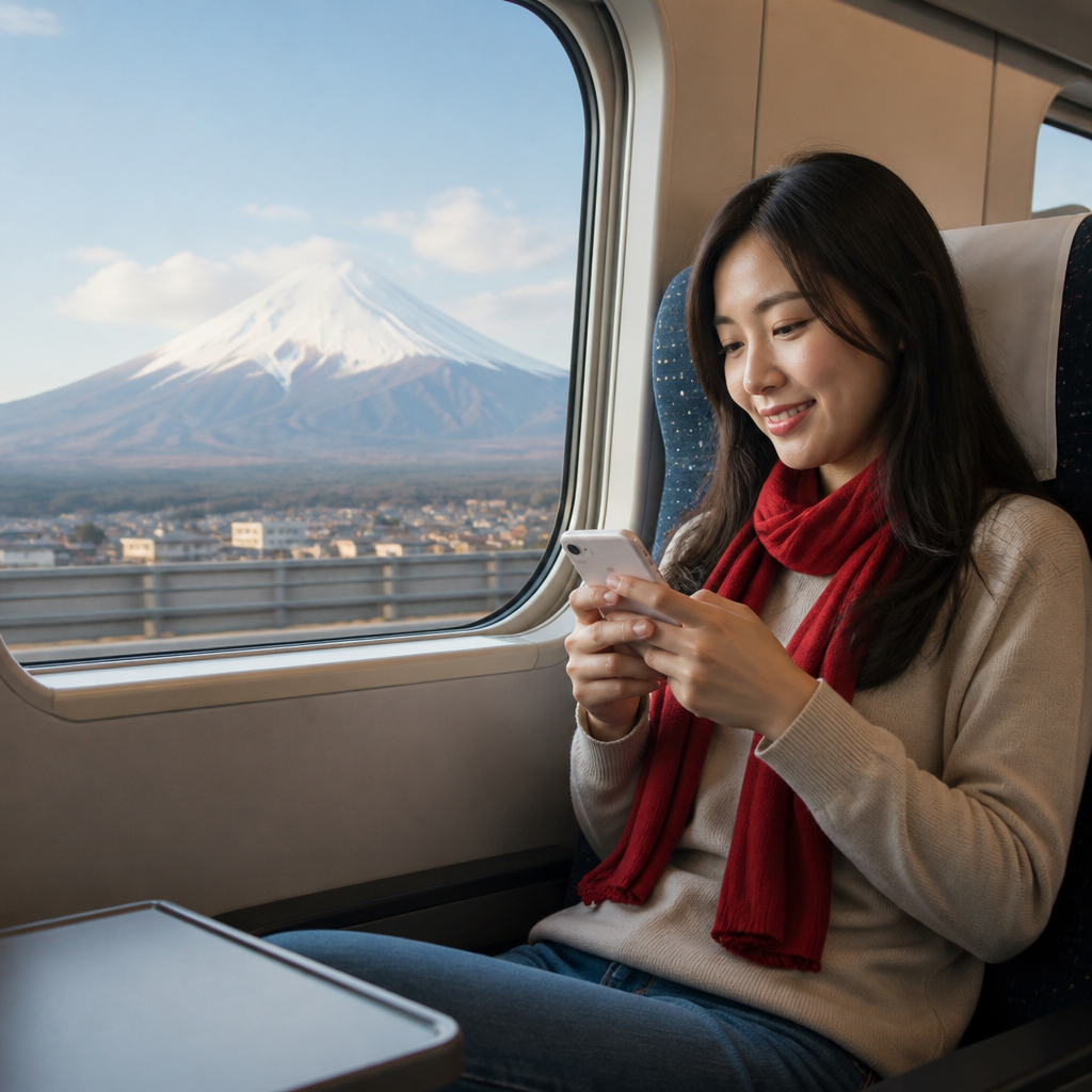 Viajera conectada en el Shinkansen con la eSIM PlanJapon